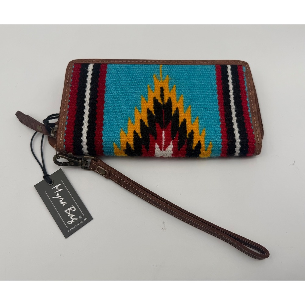 Myra Bag Turquoise Southwestern Aztec Woven Leather Wristlet Wallet RFID